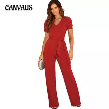 Летний женский темпераментный комбинезон с завязкой на талии, сплошной цвет, широкие брюки с v-образным вырезом и короткими рукавами