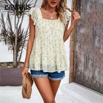 Летний женский топ без рукавов, темпераментный топ, блузка с квадратным воротником и цветочным принтом S чёрный