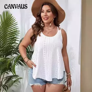 Летний женский топ больших размеров без рукавов с вырезом на бретельках и круглым вырезом L белый