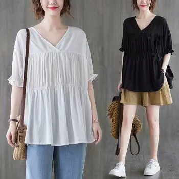 Летний женский топ больших размеров, Fat Mm Artistic Age Reduction Cover, свободный и универсальный, утягивающий V-образный вырез, короткие рукава, футболки женские one size чёрный