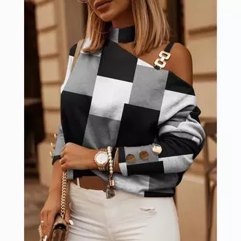 Летний женский топ большого размера с асимметричным принтом граффити и ожерельем на плече L