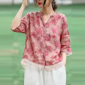 Летний женский топ, хлопково-льняная блузка с сетчатым лоскутным краем, розовая рубашка с v-образным вырезом и половиной рукавов с милым цветочным принтом M розы красного