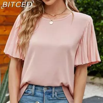 Летний женский топ из ледяного шелка Zou BITCED с круглым вырезом и расклешенными рукавами