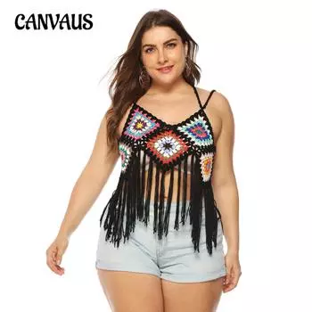 Летний женский топ на бретельках больших размеров в этническом стиле, длинные топы без рукавов с кисточками и завязками One Size белый