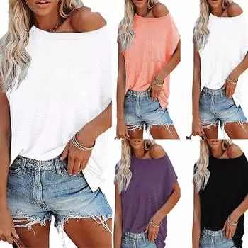 Летний женский топ, однотонная футболка с круглым вырезом и открытыми плечами, карманами и короткими рукавами S белый