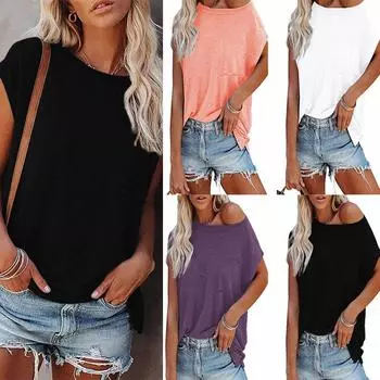 Летний женский топ, однотонная футболка с круглым вырезом и открытыми плечами, карманами и короткими рукавами S розовый