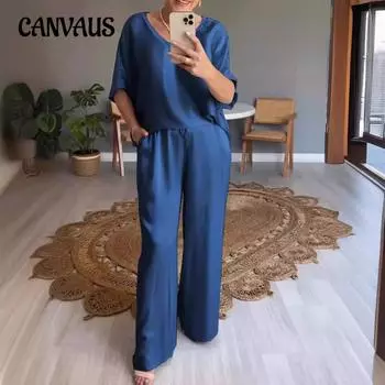 Летний женский топ с коротким рукавом, длинные брюки, модный однотонный повседневный брючный костюм с V-образным вырезом S хаки