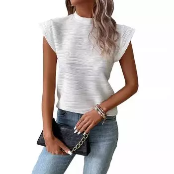 Летний женский топ с коротким рукавом и текстурированной волнистой полоской и полувысоким воротом S зелёный