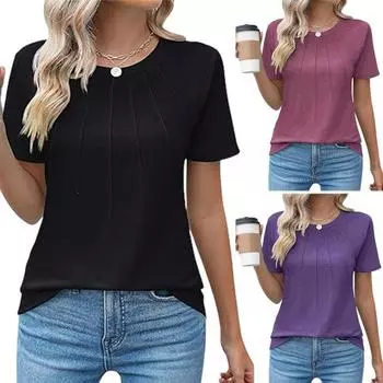 Летний женский топ с круглым вырезом и короткими рукавами, однотонная плиссированная свободная футболка, повседневная блузка для поездок на работу и занятий спортом M фиолетовый