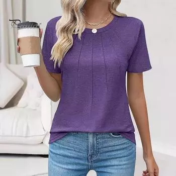 Летний женский топ с круглым вырезом и короткими рукавами, однотонная плиссированная свободная футболка, повседневная блузка для поездок на работу и занятий спортом S чёрный