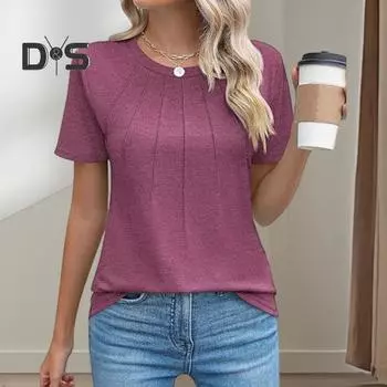 Летний женский топ с круглым вырезом и короткими рукавами, однотонная плиссированная свободная футболка, повседневная блузка для поездок на работу и занятий спортом XL фиолетовый