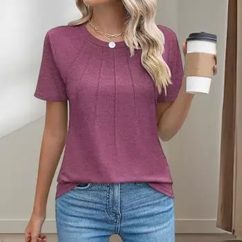 Летний женский топ с круглым вырезом и короткими рукавами, однотонная плиссированная свободная футболка, повседневная блузка для поездок на работу и занятий спортом S чёрный