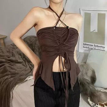 Летний женский топ с открытыми плечами, модный жилет-бретелька с подвесным воротником, женский короткий облегающий жилет с утягивающим дизайном S коричневый