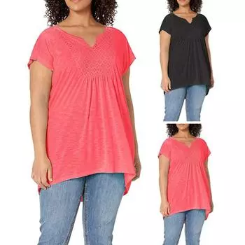 Летний женский топ с V-образным вырезом и короткими рукавами, свободная однотонная блузка, плиссированная футболка средней длины большого размера для повседневной носки на открытом воздухе XXXXXL красный