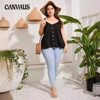 Летний женский топ с V-образным вырезом и бретелькой через шею больших размеров 0XL чёрный