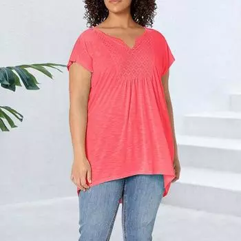 Летний женский топ с V-образным вырезом и короткими рукавами, свободная однотонная блузка, плиссированная футболка средней длины большого размера для повседневной носки на открытом воздухе XXL красный