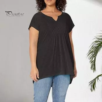 Летний женский топ с V-образным вырезом и короткими рукавами, свободная однотонная блузка, плиссированная футболка средней длины большого размера для повседневной носки на открытом воздухе XXXXL чёрный