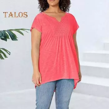 Летний женский топ с V-образным вырезом и короткими рукавами, свободная однотонная блузка, плиссированная футболка средней длины большого размера для повседневной носки на открытом воздухе XXL красный