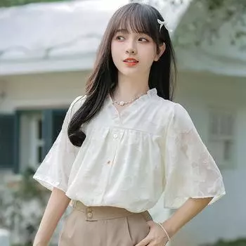 Летний женский топ свободного кроя с V-образным вырезом и рукавами-фонариками S