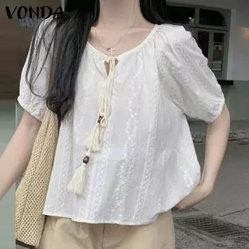 Летний женский топ VONDA с круглым вырезом и объемными рукавами