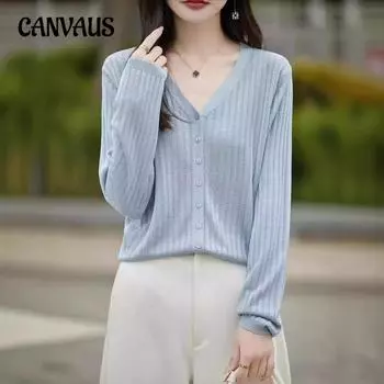 Летний женский трикотажный кардиган с V-образным вырезом, длинный рукав, ажурный, чистый цвет, темпераментный топ M абрикосовый