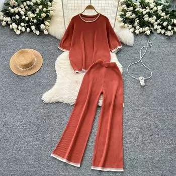 Летний женский трикотажный свитер, брюки, комплект из двух предметов, женский свитер с коротким рукавом, топ и брюки длиной до щиколотки, спортивный костюм One Size оранжевый