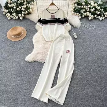 Летний женский трикотажный свитер, брюки, комплект из двух предметов, короткий рукав, О-образный вырез, пуловер, топ и широкие брюки One Size абрикосовый