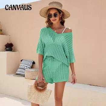 Летний женский вязаный комплект, однотонный тонкий вязаный топ, шорты с высокой талией, повседневные S абрикосовый