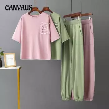 Летний женский вязаный костюм-футболка больших размеров, модный топ из ледяного шелка с короткими рукавами, брюки, повседневный комплект из двух предметов One Size зелёный