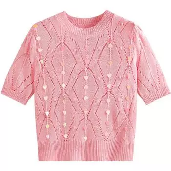 Летний женский вязаный свитер с блестками в форме сердца для девочек, пуловер, джемпер, топы One Size белый