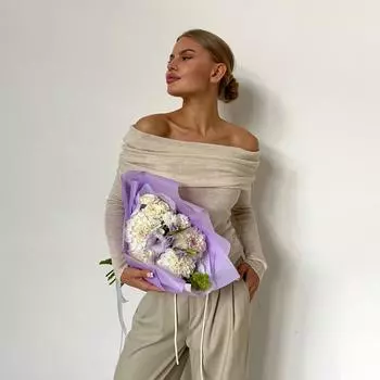 Летний женский вязаный свитер с длинным рукавом и вырезом лодочкой S белый