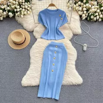 Летний женский вязаный свитер с золотыми пуговицами, пуловер с короткими рукавами, топ и облегающая юбка-миди, комплект из двух предметов One Size чёрный