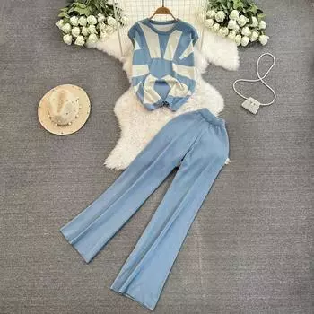 Летний женский вязаный свитер, спортивный костюм, повседневный пуловер без рукавов, топы и широкие брюки, комплект из двух предметов One Size чёрный