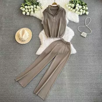 Летний женский вязаный свитер, спортивный костюм, жилет без рукавов с воротником-стойкой, пуловер и широкие брюки, комплект из двух предметов One Size чёрный