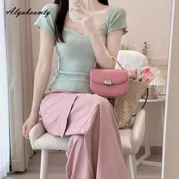 Летний женский вязаный укороченный топ в корейском стиле с квадратным воротником, светло-зеленая вязаная футболка с коротким рукавом, элегантная короткая футболка