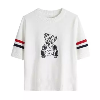 Летний женский вышитый мультяшный медведь вязаный свитер футболка для девочек студенческий пуловер джемпер топы One Size белый