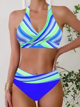 Летний женский высококачественный купальник бикини пляжный яркий полосатый принт комплект из двух частей бикини с вырезом-стойкой S-5XL S