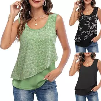 Летний женский жилет, 2 слоя, шифоновые лоскутные блузки без рукавов, элегантные топы на бретелях с круглым вырезом и цветочным принтом L