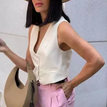 Летний женский жилет без рукавов с v-образным вырезом, однобортный, с маленькими карманами, облегающий однотонный укороченный жилет, пальто, рабочая одежда S белый