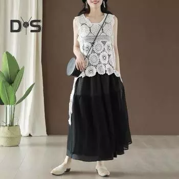 Летний женский жилет из полого кружева без рукавов с круглым вырезом сплошной цвет с нерегулярным подолом с короткой передней и длинной спиной ретро свободный пуловер повседневная майка на бретелях белый