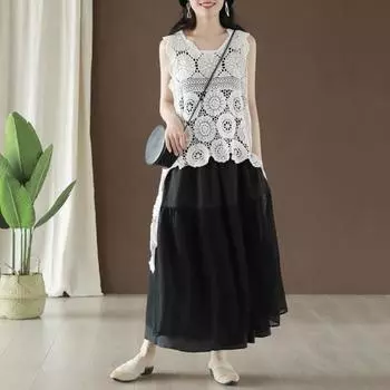 Летний женский жилет из полого кружева без рукавов с круглым вырезом сплошной цвет с нерегулярным подолом с короткой передней и длинной спиной ретро свободный пуловер повседневная майка на бретелях чёрный