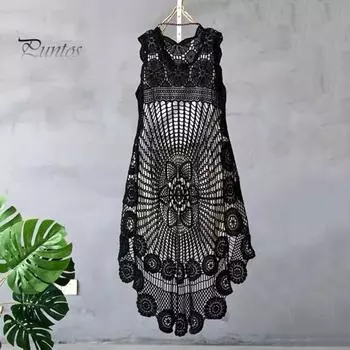 Летний женский жилет из полого кружева без рукавов с круглым вырезом сплошной цвет с нерегулярным подолом с короткой передней и длинной спиной ретро свободный пуловер повседневная майка на бретелях чёрный