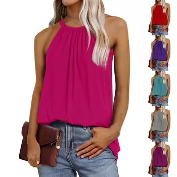 Летний женский жилет, плиссированный однотонный свободный топ без рукавов, летний жилет, базовый повседневный свободный жилет L темно-фиолетового