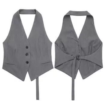 Летний женский жилет с бретелькой на шее без рукавов, однобортный однобортный кардиган с карманами OL, стиль для поездок на работу XS белый