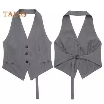 Летний женский жилет с бретелькой на шее, без рукавов, однобортный, однобортный, однотонный, с карманами, кардиган, деловой стиль, деловой жилет S белый