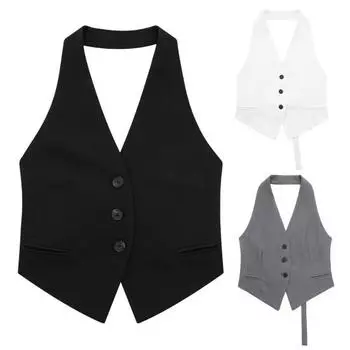 Летний женский жилет с бретелькой на шее, без рукавов, однобортный, однобортный, однотонный, с карманами, кардиган, деловой стиль, деловой жилет S белый