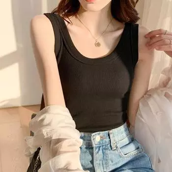 Летний женский жилет с круглым вырезом вязаный однотонный без рукавов с высокой эластичной нитью Slim Fit слоновая кость