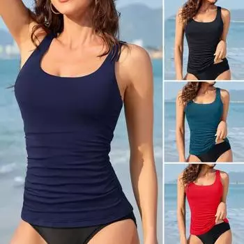 Летний женский жилет с подкладками для груди, круглый вырез, консервативный топ для плавания, без рукавов, облегающий плиссированный эластичный пляжный топ S