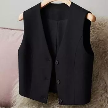 Летний женский жилет с V-образным вырезом, однобортный жилет без рукавов, сплошной цвет, шорты трапециевидной формы с высокой талией, деловой стиль, офисная одежда, одежда XXL чёрный