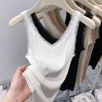 Летний женский жилет с V-образным вырезом, сексуальный трикотажный кружевной топ без рукавов из ледяного шелка, модная элегантная женская повседневная облегающая женская футболка, футболки, одежда 3008 One Size белый